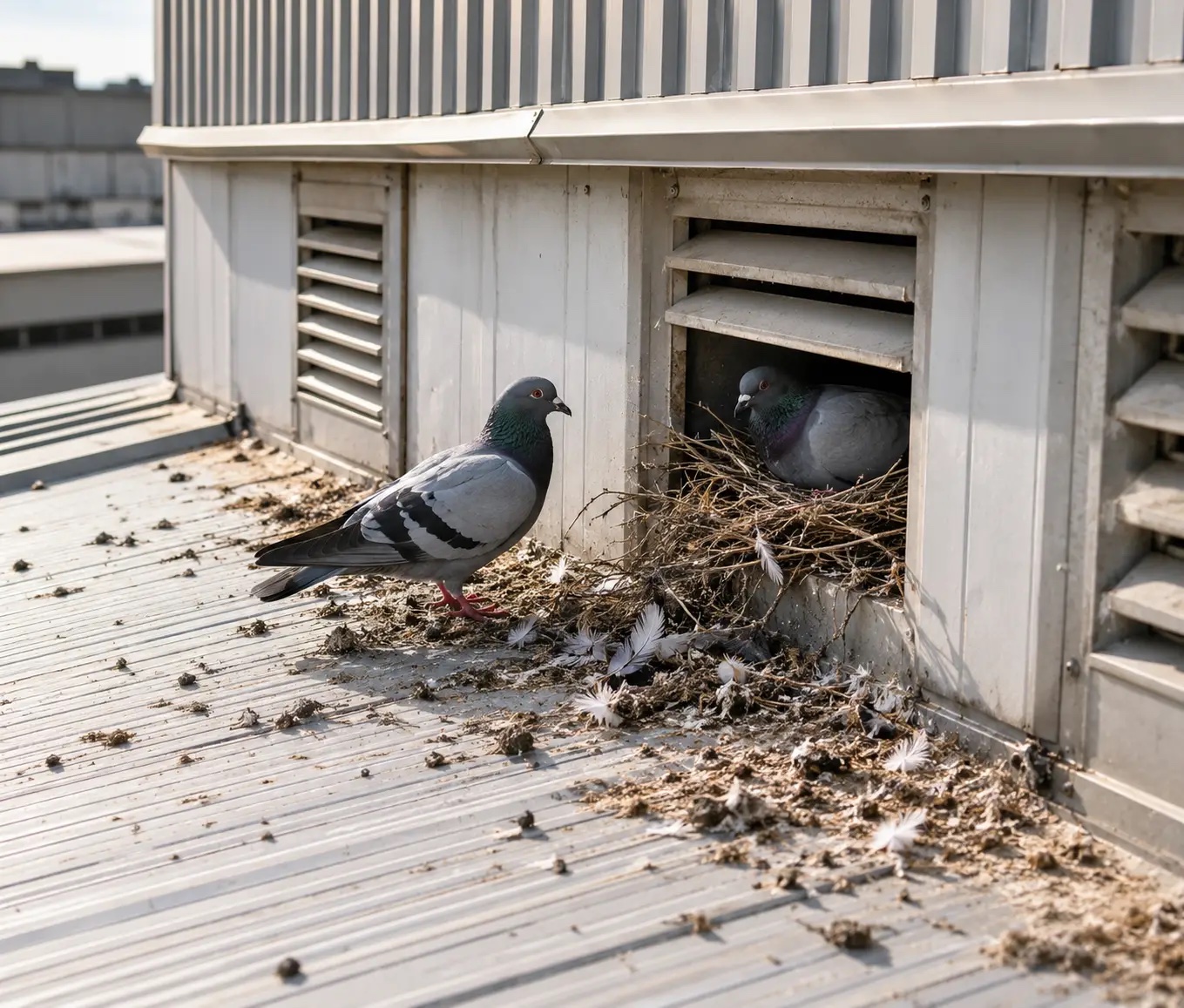 Pigeons roosting on a commercial building ledge