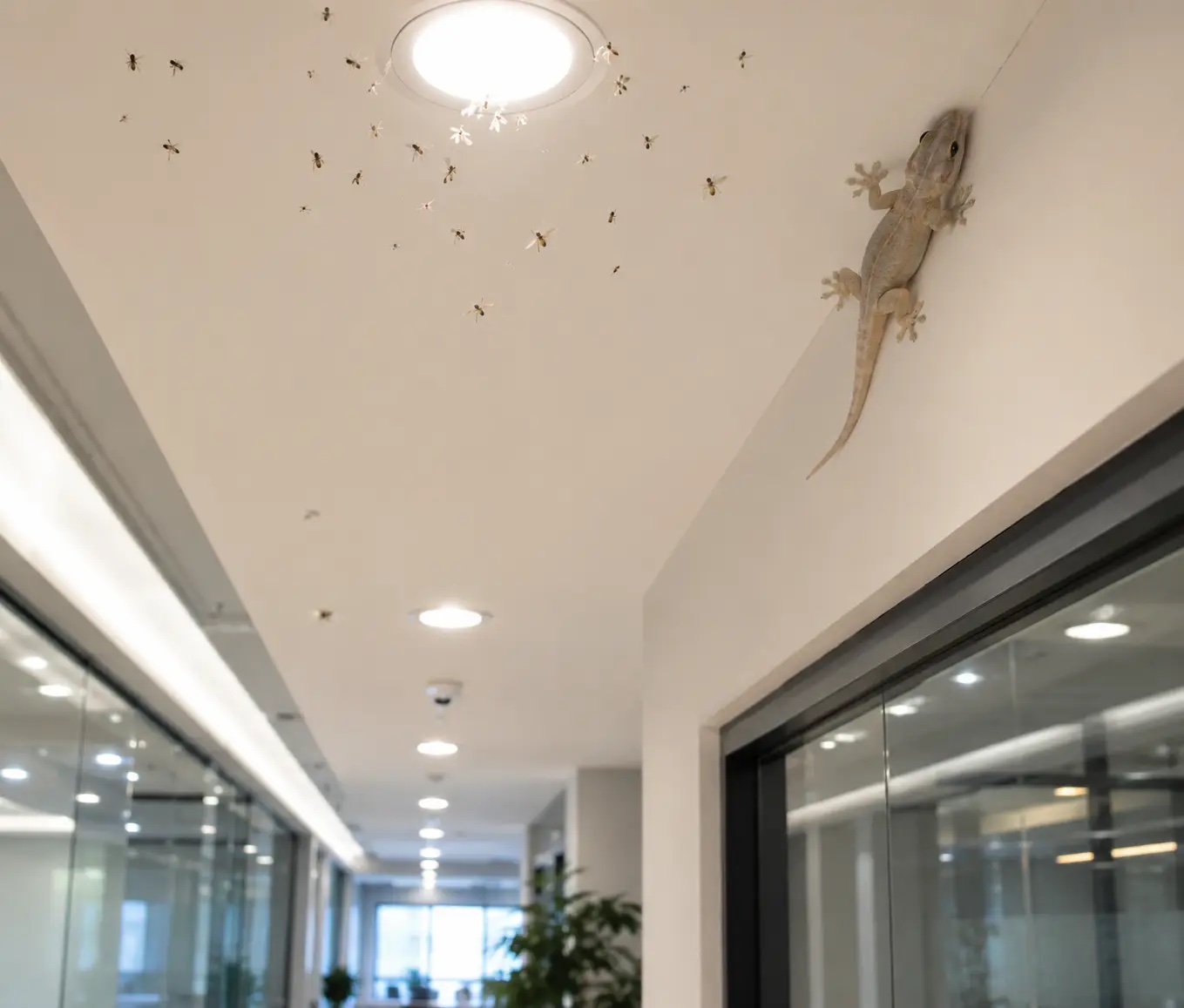 House gecko on a wall inside a commercial facility