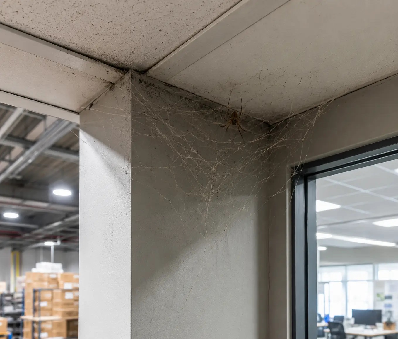 Spider web in the corner of a commercial storage area