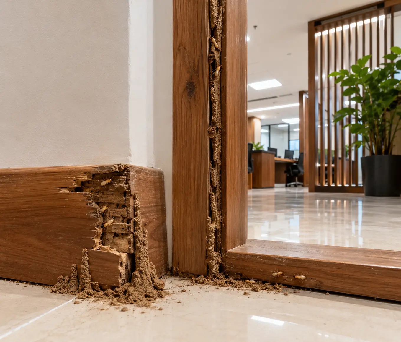 Termite barrier treatment applied around a commercial building foundation